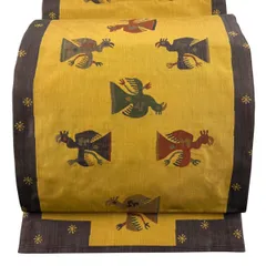 袋帯 名品 木屋太 落款 関西仕立て 鳥 花 山吹茶色 六通 正絹 【中古】のサムネイル