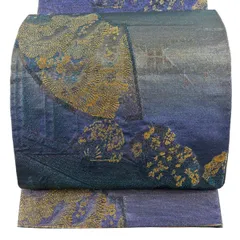 袋帯 名品 佐波理 落款 松梅 扇 箔 青緑 六通 正絹 【中古】のサムネイル