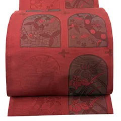 【美品】 袋帯 秀品 木屋太 落款 梅 草花 赤 六通 正絹 【中古】のサムネイル