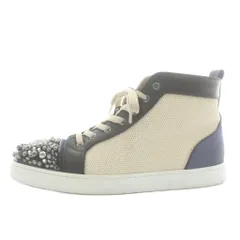 クリスチャンルブタン Christian louboutin ルイスパイク LOUIS SPIKES スニーカー キャンバス レザー ハイカット スタッズ ロゴ 42.5 27.5cm ベージュ 黒 ブラック 紺 ネイビー /XZ ■GY18