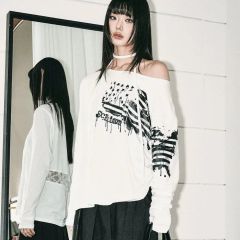パンク ガーゼロンT チェックドッキングデザイン ボロ加工 英文字 