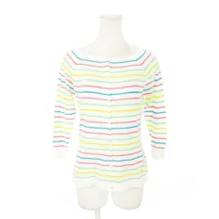 ジョンスメドレー JOHN SMEDLEY ニットカーディガン ボートネック 七分袖 コットン マルチカラー ボーダー S 白 ホワイト /AH5 ■GY43