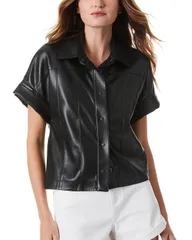 アリスアンドオリビア レディース トップス シャツ レザー フェイクレザー Alice and Olivia Edyth Faux Leather Shirt Black ブラックのサムネイル