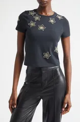 アリス アンド オリビア レディース トップス Tシャツ コットン Alice Olivia Cindy Embellished Star Cotton Crop TShirt Black ブラックのサムネイル