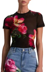 アリス アンド オリビア レディース トップス Tシャツ フラワー柄 メッシュ フラワー Alice Olivia Tess Floral Mesh TShirt Empress Bloom Blacのサムネイル