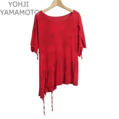 美品 ヨウジヤマモト YOHJI YAMAMOTO Tシャツ カットソー ダイダイ 総柄 リボン アシンメトリー クルーネック 半袖 五分袖 コットン レッド サイズ2 レディースのサムネイル