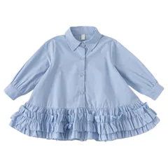 水色　フリル　キッズ　子ども　シャツチュニックミニワンピース　可愛い　上品　サラッと涼しい　ゆるっと　体型カバー　フォーマル　カジュアル　チュニック　ワンピース　膝上ワンピ　襟付き　スカイブルー　140cm 130cm 120cm 児童　女の子　裾フリル　ミニ