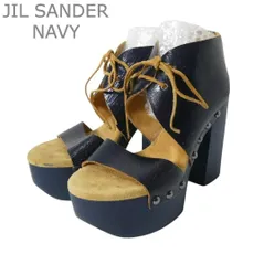 美品 ジルサンダーネイビー JIL SANDER NAVY サンダル クラック加工 鋲 レザー レースアップ オープントゥ チャンキーヒール ハイヒール ネイビー サイズ36.5 約23.5cm レディースのサムネイル