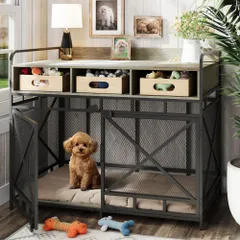 Fulhope 犬 ケージ ペット 犬サークル ウッディサークル(幅110cm / インテリアケージ / 3つの大容量オープン棚 / 高さ調整可/飛び出し防止のクロス補強設計/扉ロック付き/お手入れ簡単/小型犬から大型犬向けに対応できる)のサムネイル