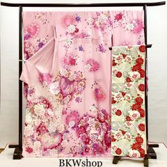 大特価 現品限り＞ used 正絹 振袖・袋帯 2点セット ブルー色 桜小花