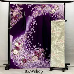 ＜大特価　現品限り＞　used　正絹　振袖・袋帯　2点セット　紫ぼかし花柄　成人式　およばれ　着付け練習