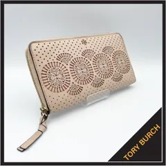 TORY BURCH（トリーバーチ） 美品 長財布 ラウンドファスナー パンチングレザー カットワーク サフィアーノ ベージュ ピンクベージュ ゴールド金具 デカロゴ レディース ウォレット 大容量 高級ブランド ハイブランド 鑑定済み 小銭入れ 札入れ