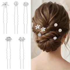 人気商品　U字型 フラワーヘアピン ヘアアクセサリー ヘッドドレス ヘアピン 結婚式 ラインストーン 着物 成人式 50本 卒業式 髪飾り 普段使い 花 パールピン パール