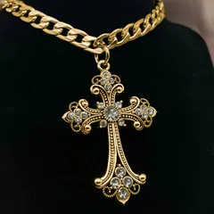 ネックレス ゴシック クロス メンズ 60cm ラインストーン 十字架 ゴールド ステンレス 金属 ペンダント ヴィンテージアクセサリー ストリート系 男女兼用 おしゃれ カジュアル t10581