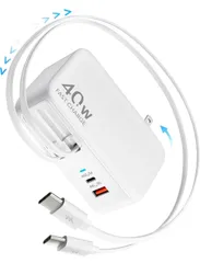 COCIVIVRE 4in1 巻き取り式充電器 USB-C 充電 折りたたみ式プラグ デュアルUSBポート 最大90cm Type Cケーブル2本付き 40W高速充電 PSE認証済み コンパクト 省スペース マルチ充電器