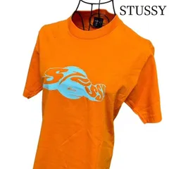 ステューシー 90s OLD STUSSY Tシャツ オレンジ S USA製 紺タグ 紙タグ付き 当時物 プラネット 地球 未使用 虫食い穴あり