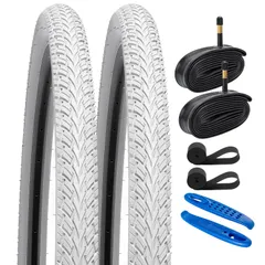 【訳アリ】YunSCM 2本セット,700 35c タイヤ ホワイト,700x35c 37-622 自転車タイヤ カラー + チューブ 米式バルブ48mm +リムテープ+ タイヤレバ,適用 700x35c ロードバイク、クロスバイク,Y-5001(白)のサムネイル