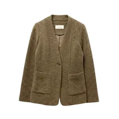 32e16【美品】MORABITO モラビト ノーカラーウールジャケット リブ切替 アウター 40サイズ ブラウン レディース 女性用u02tのサムネイル