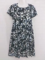 ◇ style com 総柄 バッグジップ 半袖 膝丈 ワンピース サイズ9 ブラック ホワイト ブルー系 マルチ レディース P  【中古】 【1208260012309】