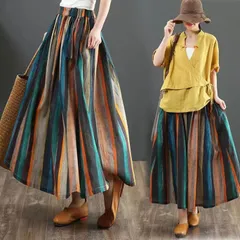 ロングスカート 夏 春夏 綿麻 フレアースカート ロング スカート マキシ丈 ストライプ柄 ボトムス レディース 切り替え 体型カバー リネンスカート　Aライン　インナー付スカート　20代30代40代50代 #hofce