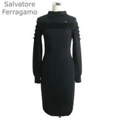 サルヴァトーレフェラガモ Salvatore Ferragamo ニット ワンピース ドレス フリンジ ロゴプレート モックネック 長袖 ロング ミモレ ウール ブラック サイズM レディースのサムネイル