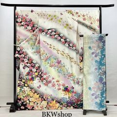 大特価 現品限り＞ used 正絹 振袖・袋帯 2点セット 白黒ぼかし