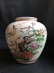 九谷焼玉秀 色絵 花鳥文 花瓶 飾り壺 鳥 梅 牡丹 菊 竹 和風インテリア