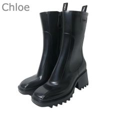 상태매우좋음 Chloe クロエ BETTY ベティ レインブーツ 長靴 サイドジップ スクエアトゥ チャンキーヒール ラバー ロゴ ブラック サイズ38 約25cm レディース