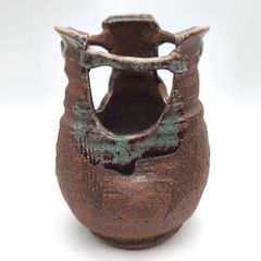 齋藤隆 作 備前焼風 前衛的デザイン花入／共箱付き オブジェ 花瓶