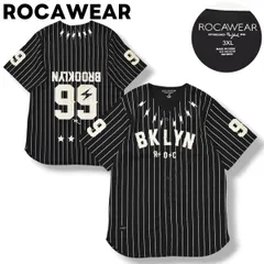 【美品】 ロカウェア ROCAWEAR ブルックリン BROOKLYN ロゴ デザイン 半袖 ベースボール シャツ ビッグシルエット オーバーサイズ 3XL ストライプ柄 ブラック ストリート メンズのサムネイル