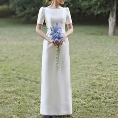 新品 ウエディングドレス 二次会 花嫁 前撮り ウェディングドレス 半袖 ロングドレス タイト 結婚式 エレガント 白 シンプル リゾート ワンピース 韓国風 090のサムネイル