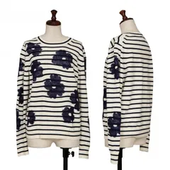 トリココムデギャルソンtricot COMME des GARCONS ウール混紡ボーダーフラワージャガードニット アイボリー紺Sのサムネイル