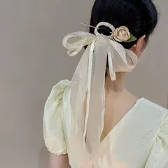 新品 ヘアピン リボン付き 髪クリップ ヘアアクセサリー ヘアクリップ ヘアアレンジ フレンチリボン 泡色 バラコサージュ付き 大きめ 0697