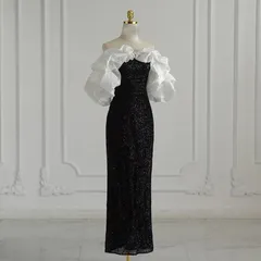 新品 パーティードレス レディース ロング丈 ワンピース ドレス 結婚式 お呼ばれ オフショルダ- タイトスカート スパンコール きらきら 演奏会 発表会 大きなフリル袖 ブラック 0580