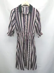 ◇ OLIVE des OLIVE ストライプ シアー シャツ レース 七分袖 ロング ワンピース サイズF ネイビー系 レディース E  【1303020031078】