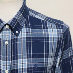 【ラルフローレン】シャツ メンズ チェック ジュニア XL(18-20)  青×白×SAX 青ポニー ボタンダウンシャツ 訳あり品 長袖 アメリカ古着