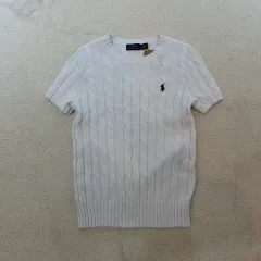 W 90 POLO RALPH LAUREN ケーブル編み 白 コットン 半袖 ニット