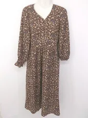 ◇ w closet ダブルクローゼット 総柄 Vネック 長袖 膝下丈 ワンピース サイズM ブラウン ベージュ系 レディース E  【1303240013281】のサムネイル