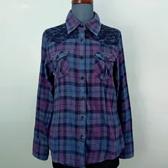 Von Dutch ヴォンダッチ Y2K パープル 系 くすみカラー 長袖 フランネル チェック M 黒 レース ロゴ刺繍 ロゴボタン 【0488】のサムネイル