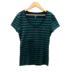 トミーヒルフィガー TOMMY HILFIGER Tシャツ カットソー 半袖 Vネック ボーダー柄 M 緑 グリーン 紺 ネイビー /SY44
