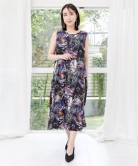 ScoLar(스칼라) 152738:꽃과 동물 무늬의 크링클 가공 원피스