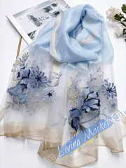 アクセサリー レディース スカーフ 1枚 レディース ライトブルー 大柄花 金糸刺繍 桑絹&ウール混 デコラティブストール、エレガントな植物刺繍スカーフ、夏の日よけ、秋冬母の日ギフト、フォーマルドレス/チャイナドレ CWJ518Q746
