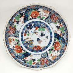 伊万里 錦手 大皿『ふくら雀と松』直径約34cm 飾り皿 金彩 赤絵 明治
