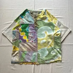 希少　archive　EL RODEO　エルロデオ　パッチワーク　ツギハギ　異素材切り替えパネル　半袖Tシャツ　カットソー　チュニック　タイダイ柄スウェット　マルチカラー染めインド綿　花　陰陽　ヘンリーネック　ビーズ紐装飾　フリンジ加工　エスニック　ボヘミアンのサムネイル
