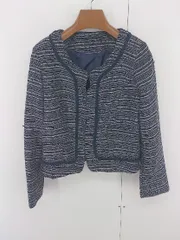 ◇ PourVous ツイード風 フロントホック ラメ 長袖 ノーカラー ジャケット サイズS ネイビー ホワイト系 レディース E  【1305120017921】