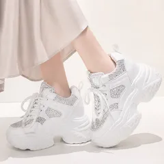 【ホワイト】グリッター 厚底スニーカー レディース キラキラ シューズ ボリュームソール レースアップ ローカット ダッドスニーカー 美脚 脚長 疲れにくい 韓国風 厚底靴 CH92JLDZSW-020