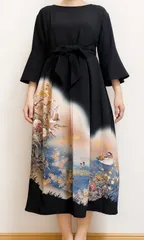 一点物 着物リメイク ロングワンピース ドレス 黒留袖 正絹 作家物 落款 鴛鴦流水花文