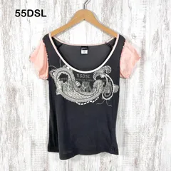 00s DIESEL 55DSL ディーゼル フィフティーファイブディーエスエル グラフィックプリント バイカラー Ｔシャツ グレー レディース 半袖 トップス y2k 平成ギャルのサムネイル