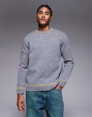 エイソス メンズ アウター ニット・セーター クルーネック セーター コントラスト ニット ASOS DESIGN relaxed knit crew neck sweater in charcoalのサムネイル