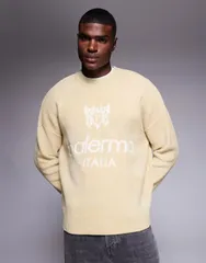 エイソス メンズ アウター ニット・セーター セーター ニット グラフィック ASOS DESIGN oversized knit chenille sweater with Palermo grapのサムネイル